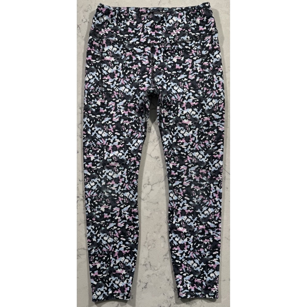 Avia Leggings Girls Medium 7-8 Black Pink Floral High Rise Athletic Workout Logo